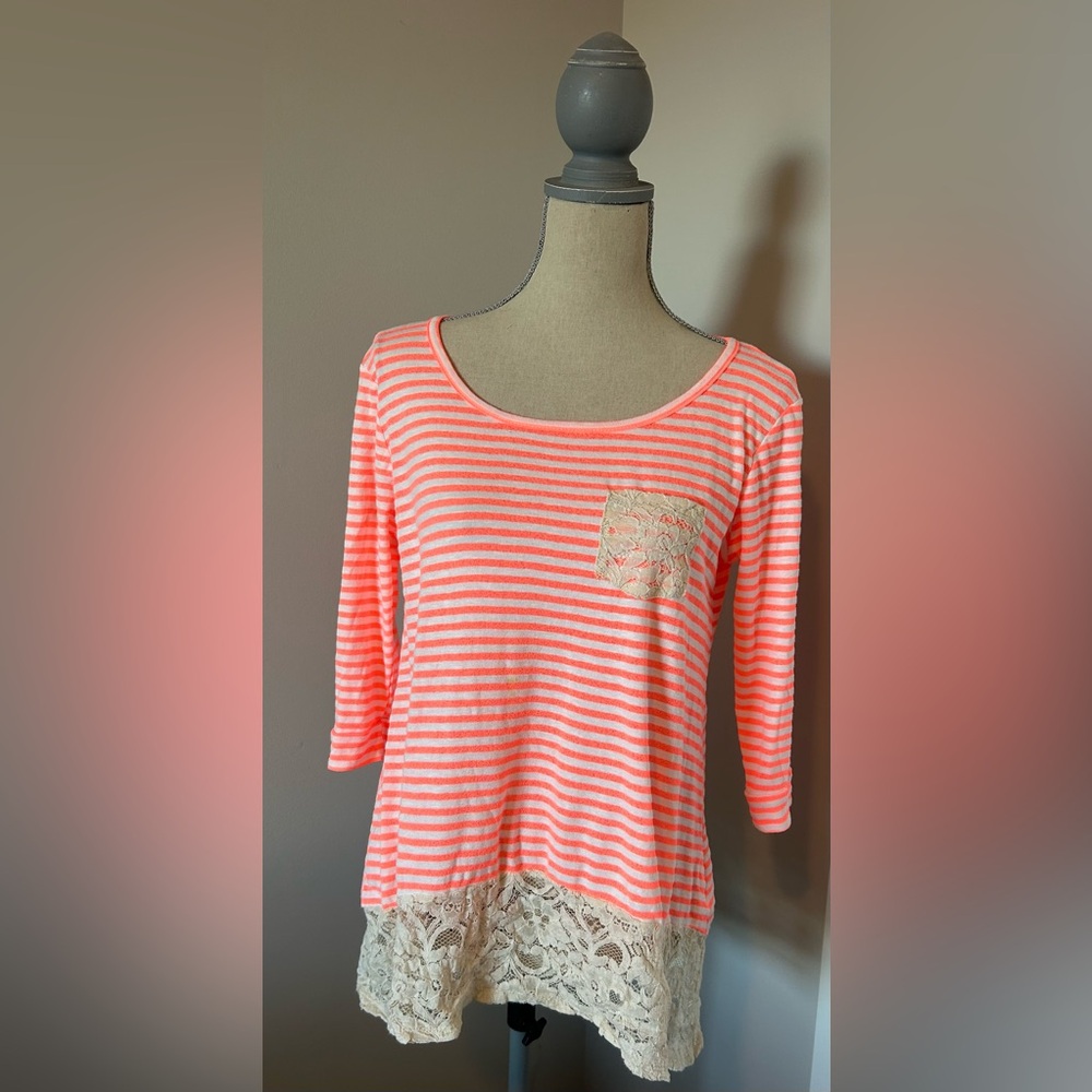 Orange Creek Coral and Cream Striped Blouse with Lace Hem